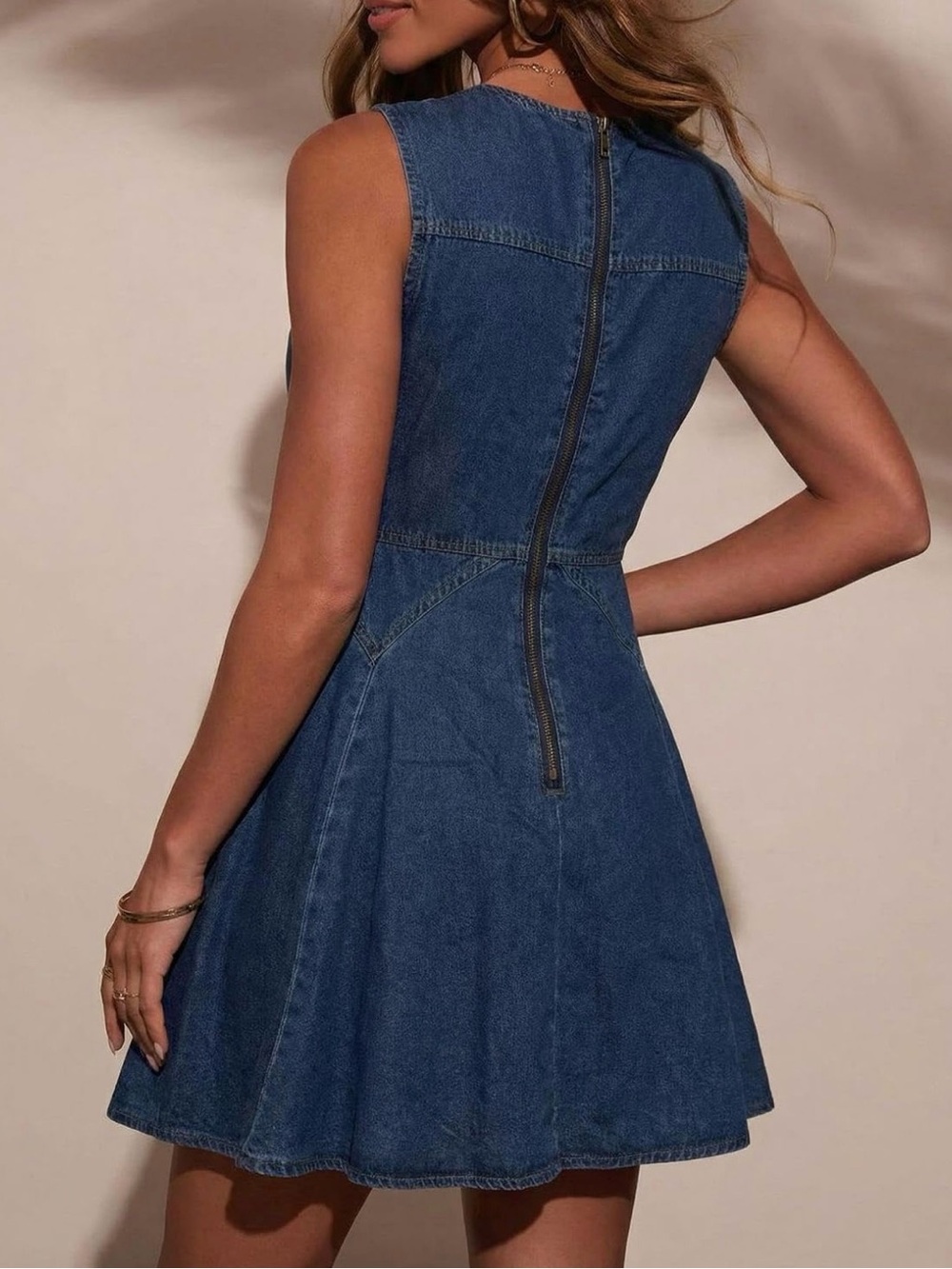 Sleeveless Blue Denim Fit & Flare Dress - Picture 2 of 4